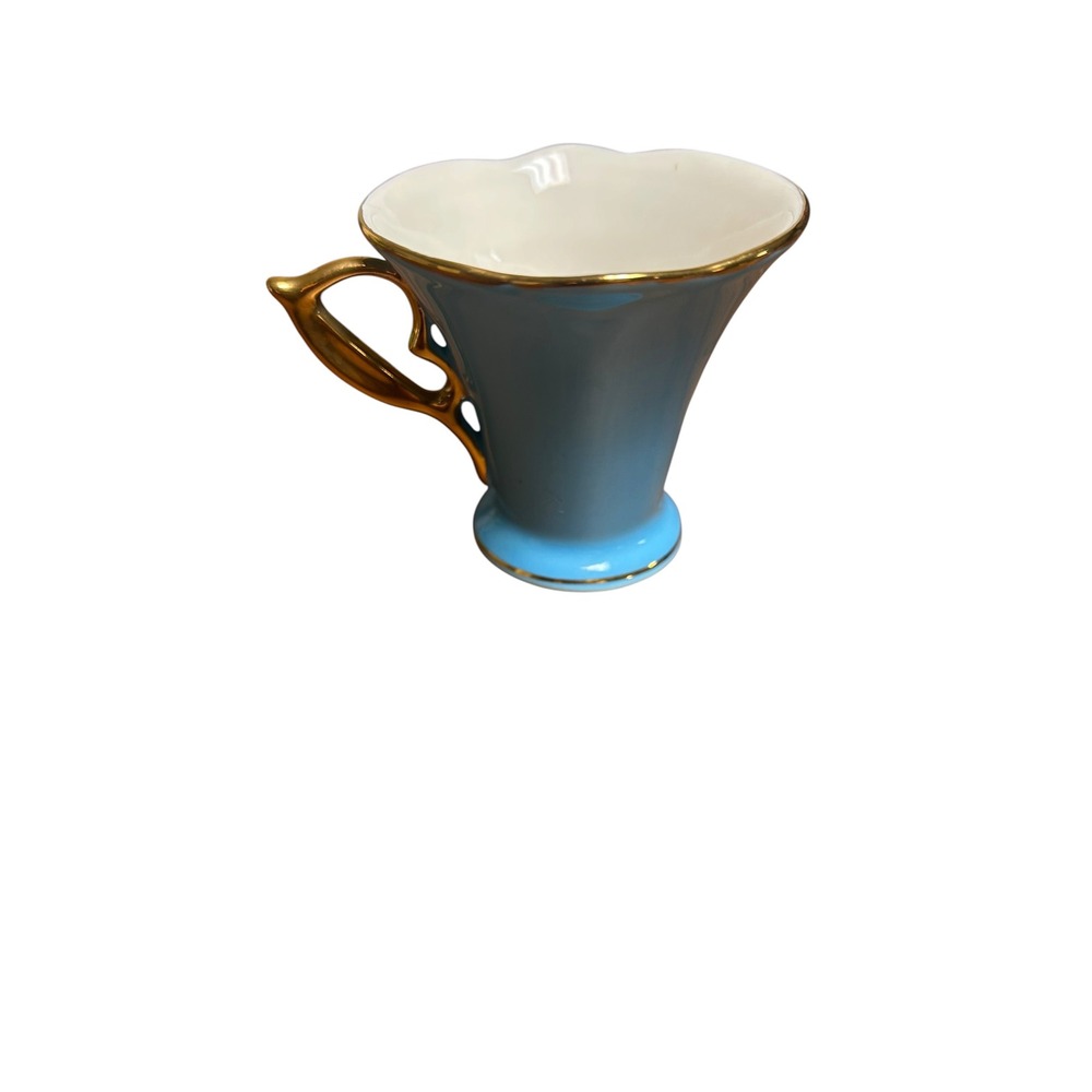 CC&T Sky Blue Porcelain Footed Teacup Scalloped Gold Trim Elegant Tea Cup